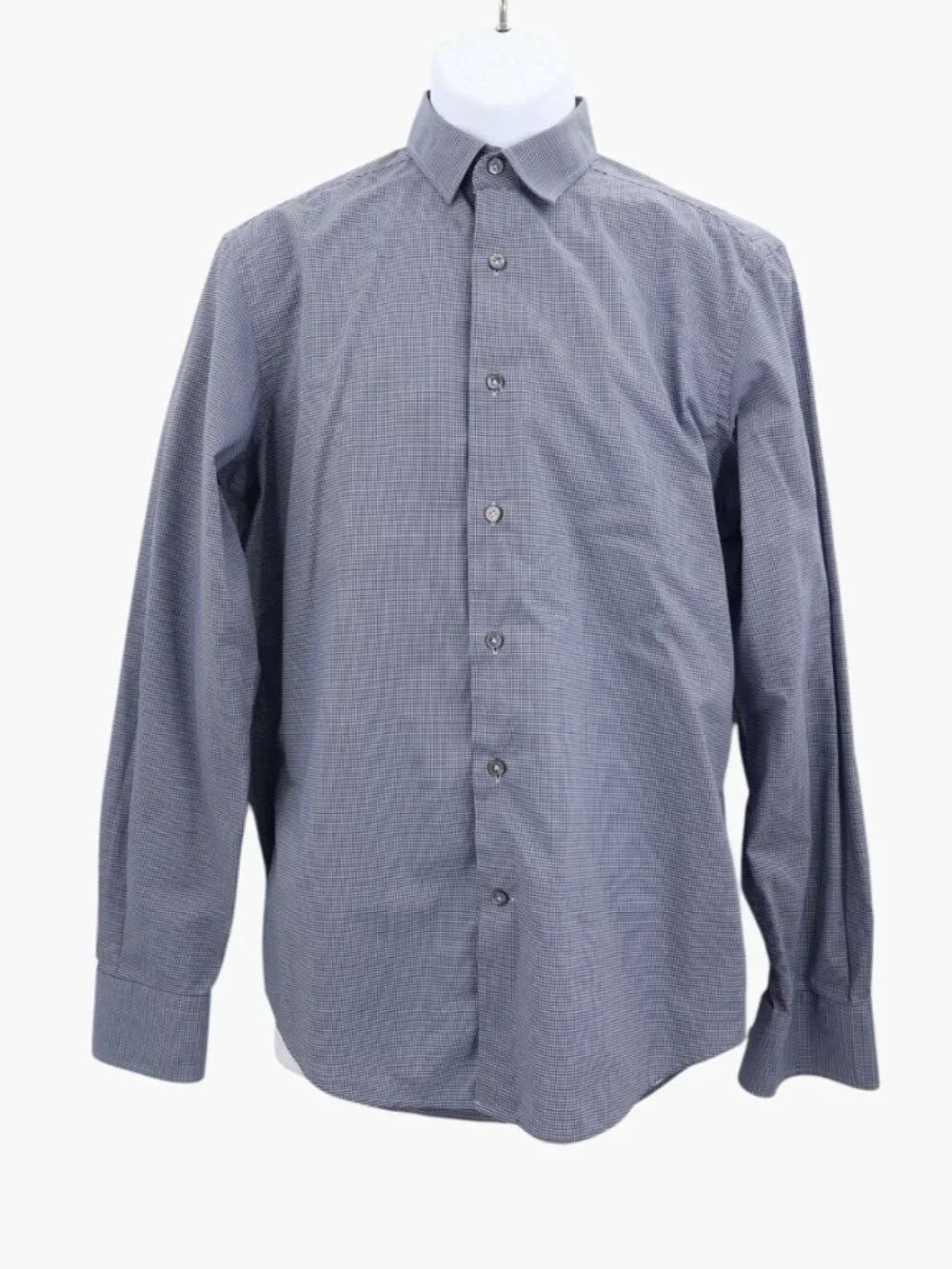 Lanvin Mens Dress Shirt 39 15.5 Blue Micro Houndstooth Check Cotton Long Sleeve